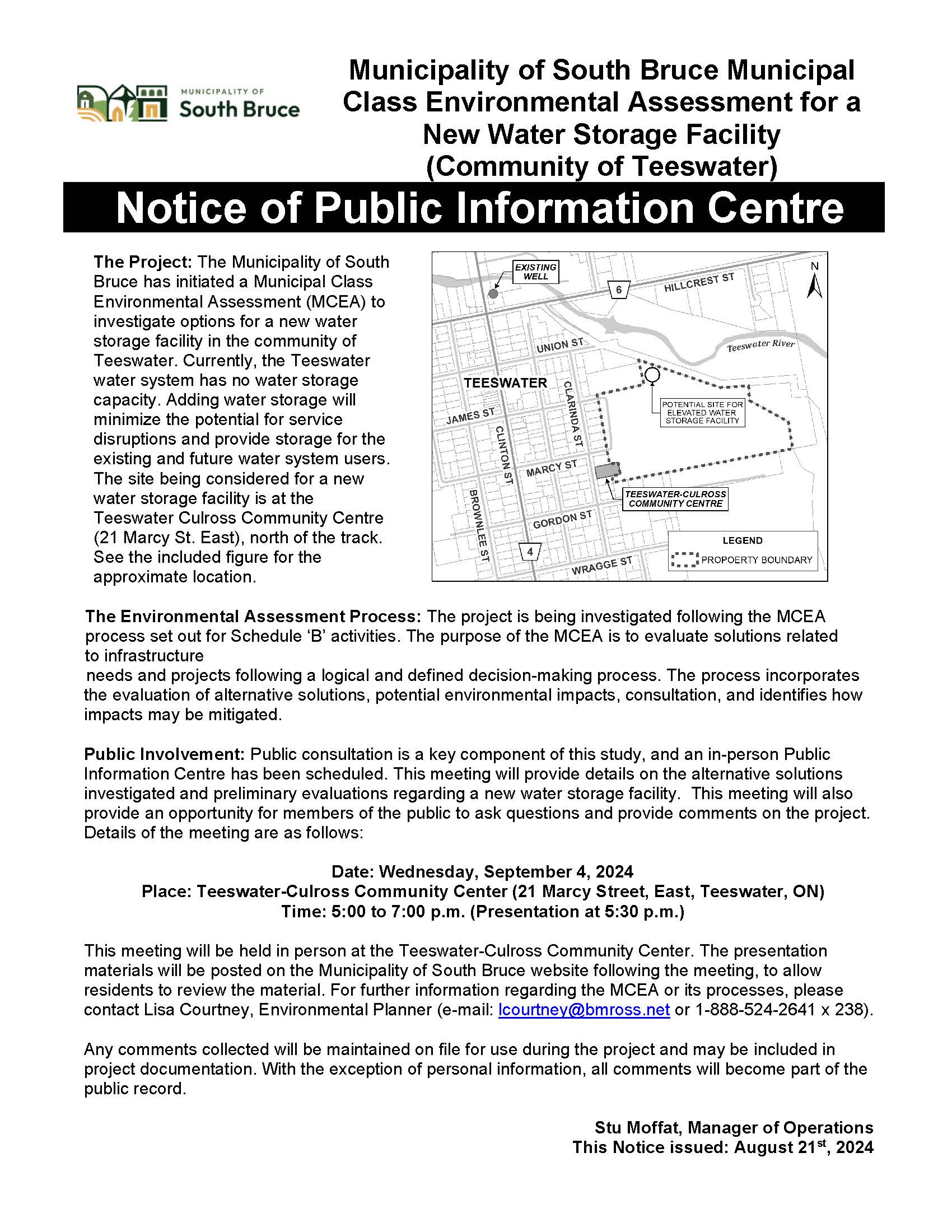 Image of Notice of Public Information Centre for the Municipal Class Environmental Assessment for a New Water Storage Facility for Teeswater